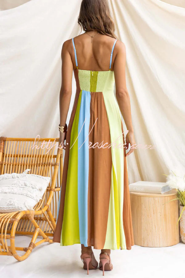 Linen Blend Color-blocked Print Suspender Sleeveless Casual Pocket Maxi Dress
