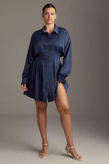 The Tobie Long-Sleeve Satin Mini Shirt Dress